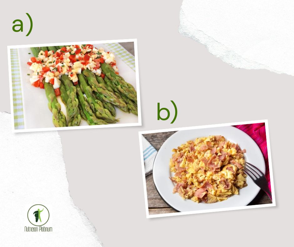 ESPÁRRAGOS TRIGUEROS CON VINAGRETA y HUEVOS REVUELTOS CON JAMÓN